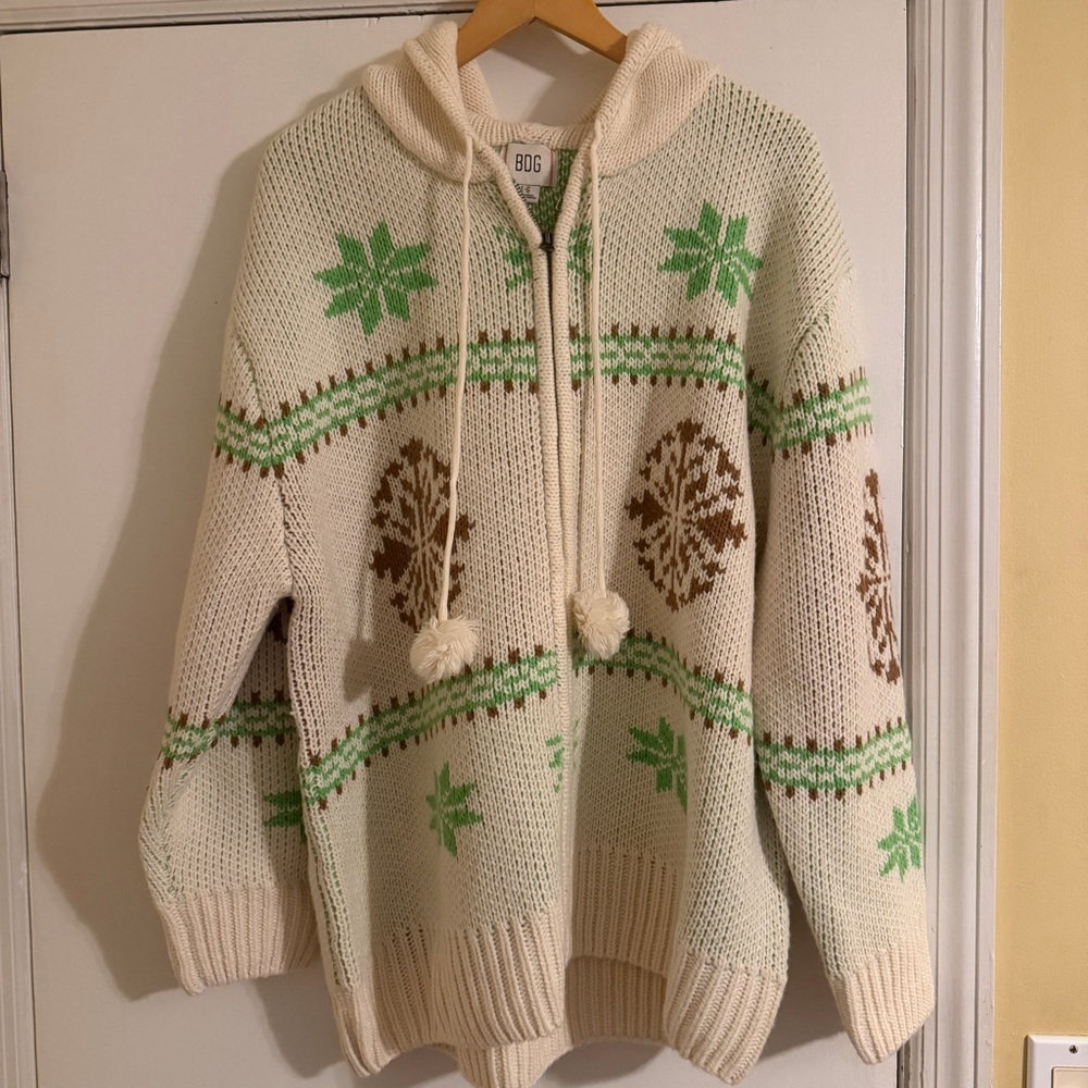 New BDG Madison Mountain Fair Isle Oversized Full-Zip Hoodie Sweater - Picture 3 of 13